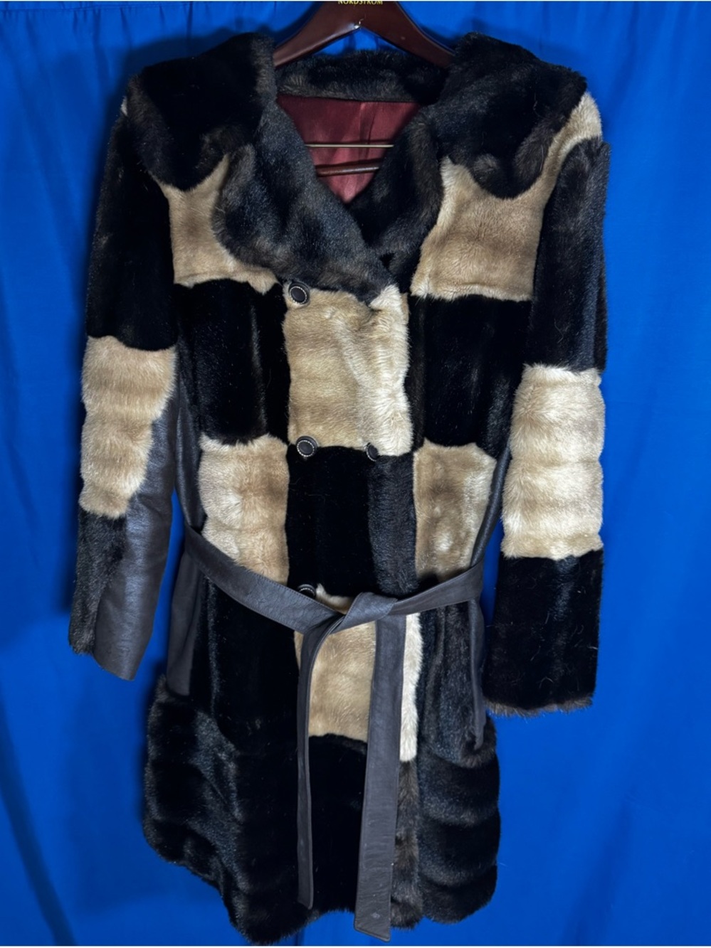 Tissavel France Two-Tone Patchwork Faux Fur Coat in Black and Beige READ DESC…